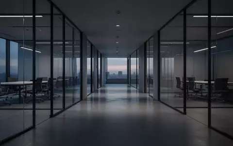 Ein modernes, leeres Bürogebäude mit Glaswänden und langen Korridoren bei Dämmerlicht, das eine Atmosphäre des Wandels und der Leere vermittelt. - Foto: über boerse-global.de
