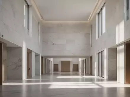 Ein minimalistisches, lichtdurchflutetes Foyer in einem modernen europäischen Regierungsgebäude mit klaren architektonischen Linien. - Foto: über boerse-global.de