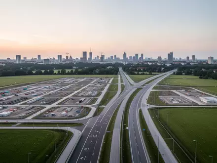 Ein weitläufiges städtebauliches Entwicklungsgebiet in München bei Dämmerung mit vorbereiteten Bauflächen und neuen Verkehrsachsen. - Foto: über boerse-global.de