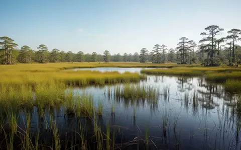 Eine weitläufige Feuchtgebiet-Landschaft mit Sumpfgräsern und ruhigem Wasser unter einem klaren Himmel. - Foto: über boerse-global.de