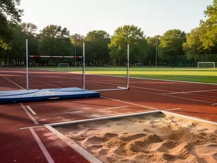 Eine leere Kunststoff-Laufbahn und eine Weitsprunganlage auf einem Sportplatz an einem sonnigen Spätsommertag. - Foto: über boerse-global.de