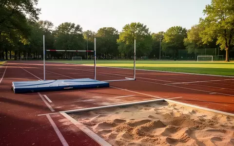 Eine leere Kunststoff-Laufbahn und eine Weitsprunganlage auf einem Sportplatz an einem sonnigen Spätsommertag. - Foto: über boerse-global.de