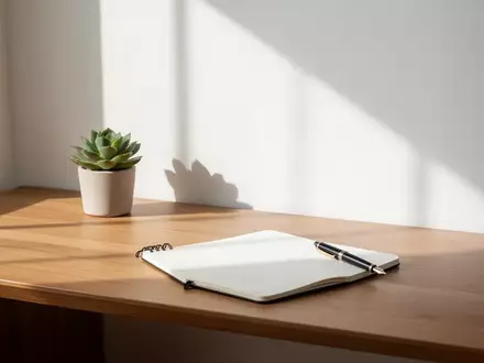 Ein minimalistischer Schreibtisch mit einem Notizbuch und einer Pflanze bei natürlichem Lichteinfall. - Foto: über boerse-global.de