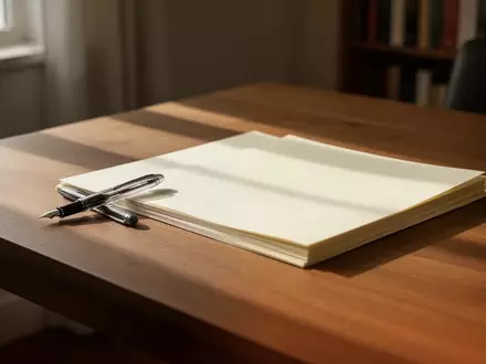 Ein minimalistischer Schreibtisch aus Holz mit einem Füllfederhalter und einem Stapel unbeschriebener Blätter in einem hellen Arbeitszimmer. - Foto: über boerse-global.de
