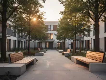 Ein ruhiger, barrierefreier Innenhof in einer deutschen Wohnsiedlung mit Bänken und Bäumen bei sanftem Tageslicht. - Foto: über boerse-global.de