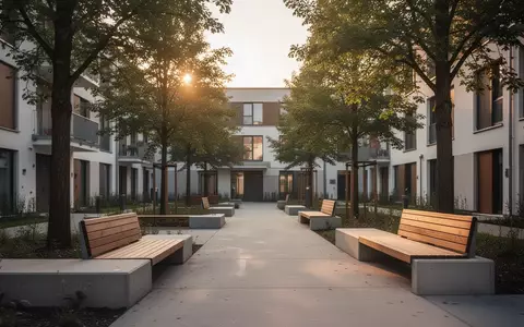 Ein ruhiger, barrierefreier Innenhof in einer deutschen Wohnsiedlung mit Bänken und Bäumen bei sanftem Tageslicht. - Foto: über boerse-global.de