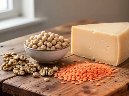 Eine Auswahl natürlicher Proteinquellen wie Hülsenfrüchte, Nüsse und Käse auf einer hölzernen Arbeitsfläche. - Foto: über boerse-global.de