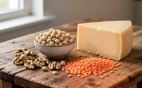 Eine Auswahl natürlicher Proteinquellen wie Hülsenfrüchte, Nüsse und Käse auf einer hölzernen Arbeitsfläche. - Foto: über boerse-global.de