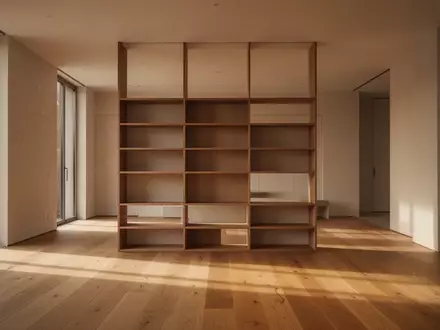 Ein lichtdurchfluteter, moderner Wohnraum mit einem offenen Grundriss und einem hölzernen Raumteiler-Regalsystem. - Foto: über boerse-global.de