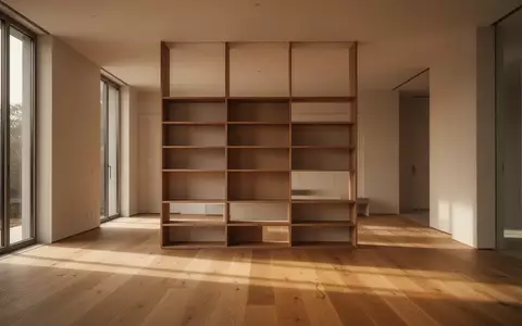 Ein lichtdurchfluteter, moderner Wohnraum mit einem offenen Grundriss und einem hölzernen Raumteiler-Regalsystem. - Foto: über boerse-global.de