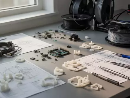 Ein moderner 3D-Druck-Arbeitsplatz mit elektronischen Komponenten, Filamentrollen und Werkzeugen auf einer grauen Oberfläche. - Foto: über boerse-global.de