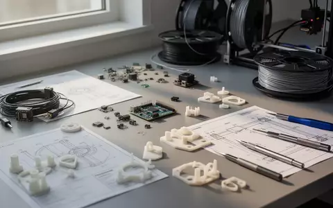 Ein moderner 3D-Druck-Arbeitsplatz mit elektronischen Komponenten, Filamentrollen und Werkzeugen auf einer grauen Oberfläche. - Foto: über boerse-global.de