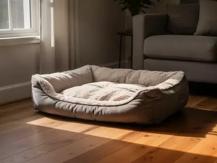 Ein gemütliches Hundebett in einer ruhigen, sonnendurchfluteten Zimmerecke auf einem Holzboden. - Foto: über boerse-global.de