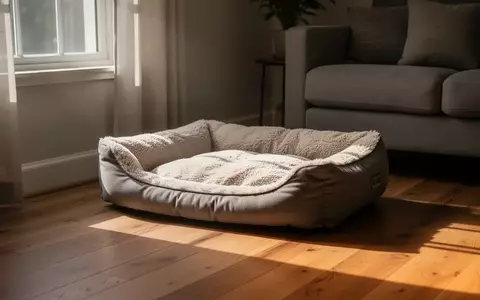 Ein gemütliches Hundebett in einer ruhigen, sonnendurchfluteten Zimmerecke auf einem Holzboden. - Foto: über boerse-global.de