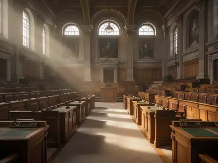 Ein leerer, historischer Plenarsaal mit leeren Sitzreihen und Holztischen in natürlichem Licht. - Foto: über boerse-global.de