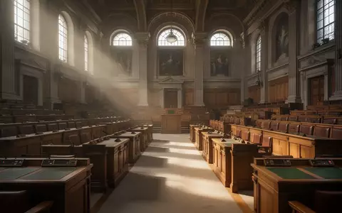 Ein leerer, historischer Plenarsaal mit leeren Sitzreihen und Holztischen in natürlichem Licht. - Foto: über boerse-global.de