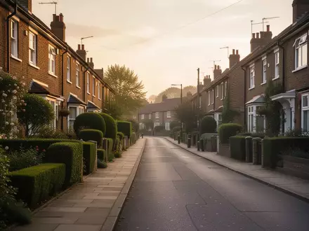Eine ruhige Wohnstraße in einer britischen Vorstadt bei Sonnenuntergang mit Ziegelhäusern und gepflegten Vorgärten. - Foto: über boerse-global.de