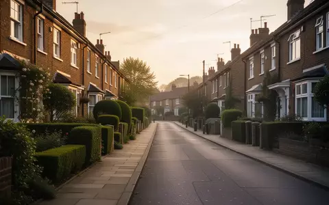 Eine ruhige Wohnstraße in einer britischen Vorstadt bei Sonnenuntergang mit Ziegelhäusern und gepflegten Vorgärten. - Foto: über boerse-global.de