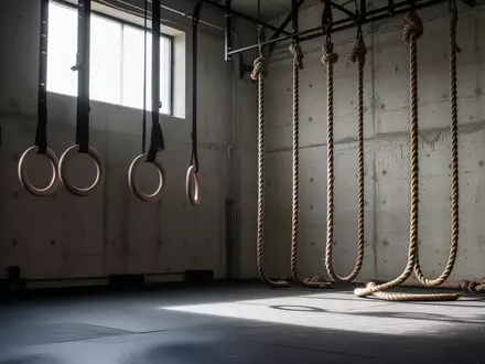 Minimalistisches Fitnessstudio mit hängenden Turnringen und Kletterseilen vor einer Betonwand in natürlichem Licht. - Foto: über boerse-global.de