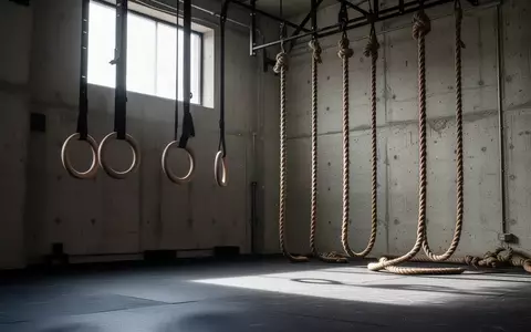 Minimalistisches Fitnessstudio mit hängenden Turnringen und Kletterseilen vor einer Betonwand in natürlichem Licht. - Foto: über boerse-global.de