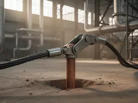 Industrielle Erdungsvorrichtung mit einem massiven Kupferstab und einem Erdungskabel auf einem Fabrikboden. - Foto: über boerse-global.de