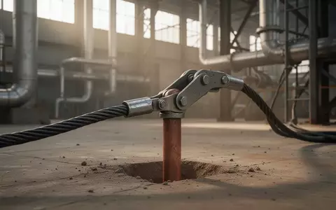 Industrielle Erdungsvorrichtung mit einem massiven Kupferstab und einem Erdungskabel auf einem Fabrikboden. - Foto: über boerse-global.de