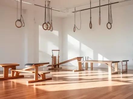 Ein heller, minimalistischer Trainingsraum mit hängenden Turnringen und hölzernen Balanciergeräten in einer ruhigen Atmosphäre. - Foto: über boerse-global.de