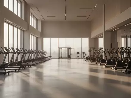 Ein minimalistisch gestalteter, leerer Fitnessraum mit hohen Decken, poliertem Betonboden und großen, lichtdurchfluteten Fenstern. - Foto: über boerse-global.de