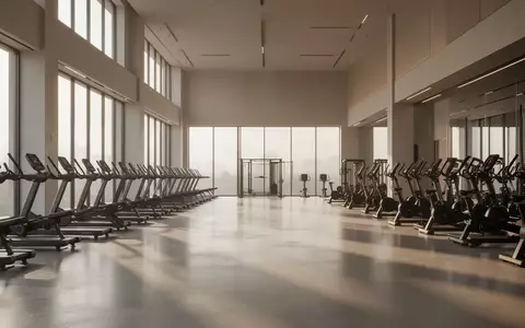 Ein minimalistisch gestalteter, leerer Fitnessraum mit hohen Decken, poliertem Betonboden und großen, lichtdurchfluteten Fenstern. - Foto: über boerse-global.de