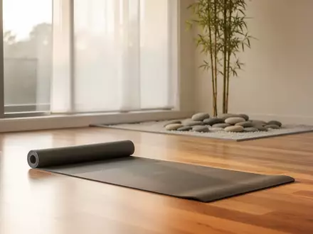 Ein ruhiger, lichtdurchfluteter Übungsraum mit einer zusammengerollten Yogamatte und einem kleinen Zen-Garten. - Foto: über boerse-global.de
