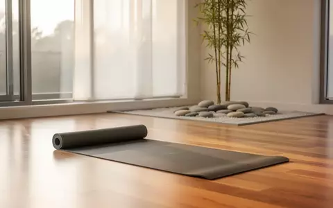 Ein ruhiger, lichtdurchfluteter Übungsraum mit einer zusammengerollten Yogamatte und einem kleinen Zen-Garten. - Foto: über boerse-global.de