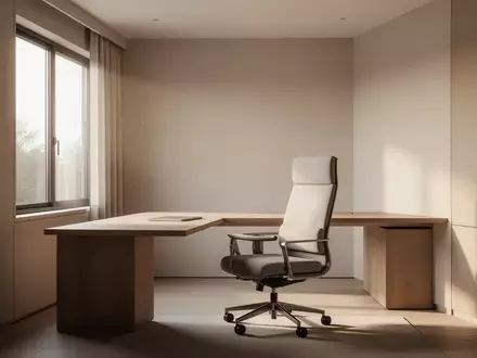 Ein minimalistisch gestalteter, heller Arbeitsplatz in einem Homeoffice mit einem leeren Schreibtisch und einem Bürostuhl. - Foto: über boerse-global.de
