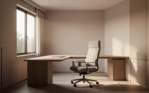Ein minimalistisch gestalteter, heller Arbeitsplatz in einem Homeoffice mit einem leeren Schreibtisch und einem Bürostuhl. - Foto: über boerse-global.de
