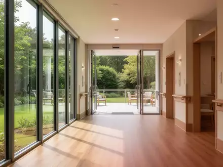 Ein heller, moderner Flur in einer Pflegeeinrichtung mit bodentiefen Fenstern und direktem Zugang zu einem Garten. - Foto: über boerse-global.de