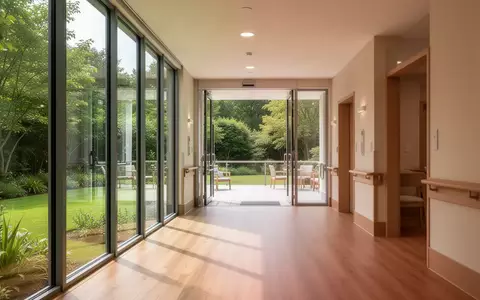 Ein heller, moderner Flur in einer Pflegeeinrichtung mit bodentiefen Fenstern und direktem Zugang zu einem Garten. - Foto: über boerse-global.de