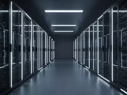 Moderne Serverinfrastruktur in einem klimatisierten Rechenzentrum mit blauer Beleuchtung. - Foto: über boerse-global.de