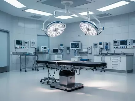 Ein heller, steriler Operationssaal mit einem Operationstisch und einer modernen Deckenleuchte in einem Krankenhaus. - Foto: über boerse-global.de
