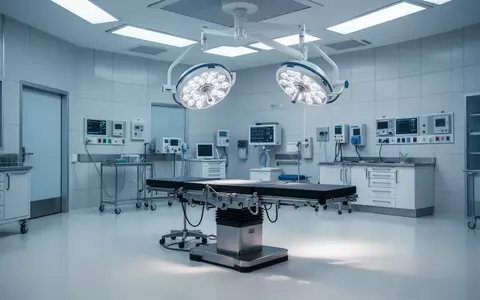 Ein heller, steriler Operationssaal mit einem Operationstisch und einer modernen Deckenleuchte in einem Krankenhaus. - Foto: über boerse-global.de