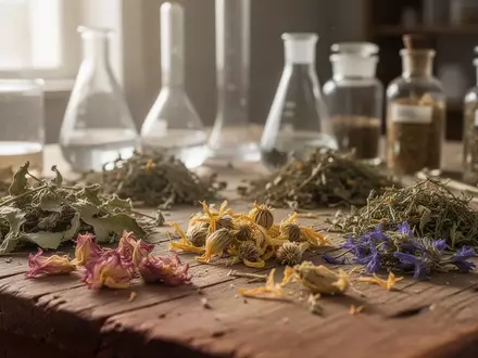 Getrocknete Heilkräuter und botanische Proben auf einem Holztisch in einem Labor. - Foto: über boerse-global.de