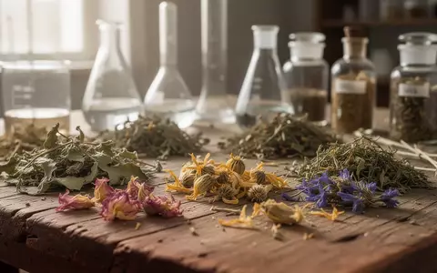 Getrocknete Heilkräuter und botanische Proben auf einem Holztisch in einem Labor. - Foto: über boerse-global.de