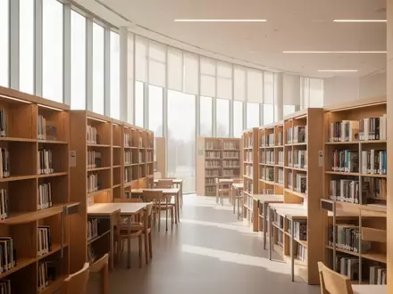 Helle, modern eingerichtete Stadtbücherei mit hölzernen Bücherregalen und einladender Lernatmosphäre. - Foto: über boerse-global.de