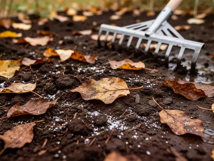 Nahaufnahme von dunkler Gartenerde mit herbstlichem Laub und einem Gartenrechen in natürlichem Tageslicht. - Foto: über boerse-global.de
