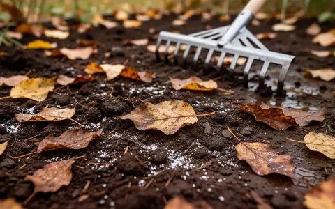 Nahaufnahme von dunkler Gartenerde mit herbstlichem Laub und einem Gartenrechen in natürlichem Tageslicht. - Foto: über boerse-global.de