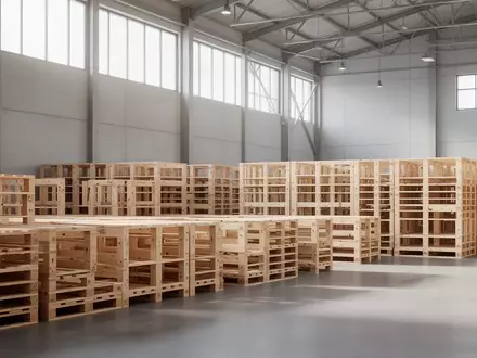 Leeres Lagerhaus mit ordentlich gestapelten Holzpaletten in hellem, natürlichem Tageslicht. - Foto: über boerse-global.de