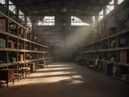 Ein weitläufiges, staubiges Requisitenlager mit alten Regalen voller historischer Gegenstände und Möbelstücke in einem Industriebau. - Foto: über boerse-global.de