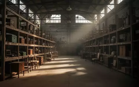 Ein weitläufiges, staubiges Requisitenlager mit alten Regalen voller historischer Gegenstände und Möbelstücke in einem Industriebau. - Foto: über boerse-global.de
