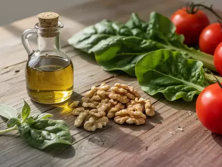 Frische mediterrane Lebensmittel wie Olivenöl, Nüsse und Gemüse auf einem rustikalen Holztisch. - Foto: über boerse-global.de