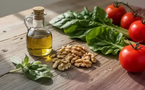 Frische mediterrane Lebensmittel wie Olivenöl, Nüsse und Gemüse auf einem rustikalen Holztisch. - Foto: über boerse-global.de