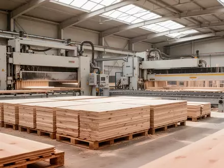 Eine moderne Fertigungshalle mit ordentlich gestapelten Holzplatten und großflächigen industriellen Produktionsanlagen. - Foto: über boerse-global.de