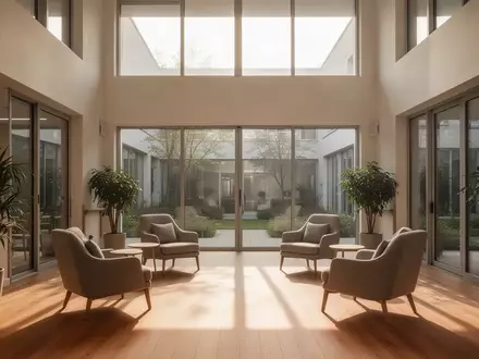 Ein heller, moderner Gemeinschaftsraum für Senioren mit bequemen Sesseln, großen Fenstern und Blick in einen grünen Innenhof. - Foto: über boerse-global.de